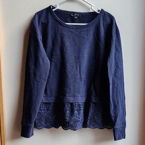 J. Crew Navy Eyelet Lace Trimmed Scoop Neck Sweatshirt Size Medium